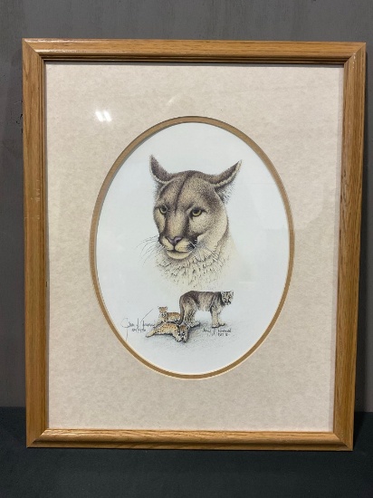 Framed Signed & #d 384/950 Vintage Litho Lions & Cheetahs by James D Townsend, 22.5h x 18.5w inches