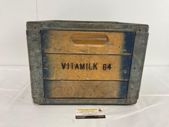 Vintage Vitamilk Wooden Milk Crate w/ steel bracing, 11h x 14w x 14d