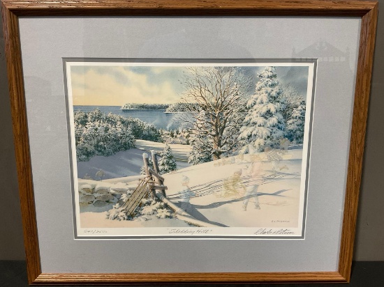 Framed Signed & #d 547/2000 Lithograph Sledding Hill by Charles L. Petersen, 21h x 26w inches w/COA