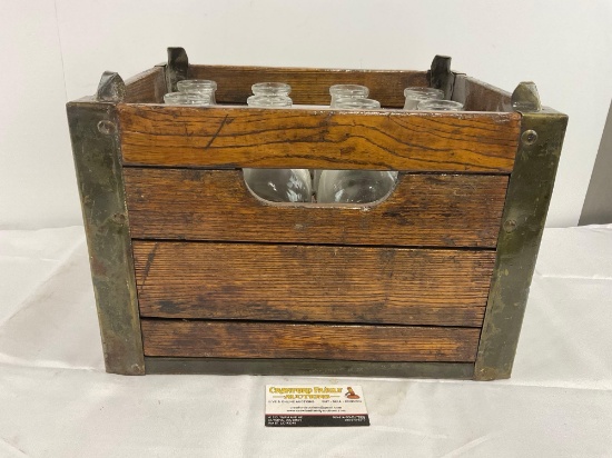 Lacquered Wood & Steel Milk Bottle Crate w/ 12 Glass Milk Bottles, 10h x 16.5w x 12.5d inches