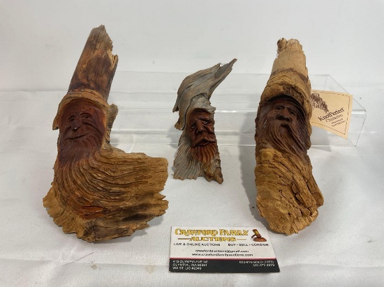 Three Vintage Handcarved KnotPerfect Wooden Carving faces, by Dan & Holly Owens