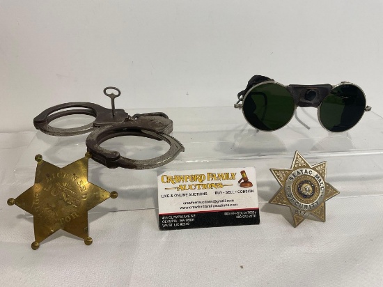 Pair of The Peerless Handcuffs, Green Glass Safety Glasses, Faux Sheriff Badge, & Security Badge