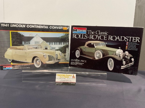 Pair of Model Kits, 1:25 Scale, Monogram Rolls Royce Roadster & 1941 Lincoln Continental Converti...