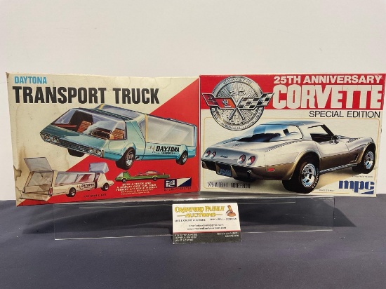 Pair of Model Car Kits, 1:25 Scale MPC, Daytona Transport Truck & 25th Anniversary Chevy Corvette