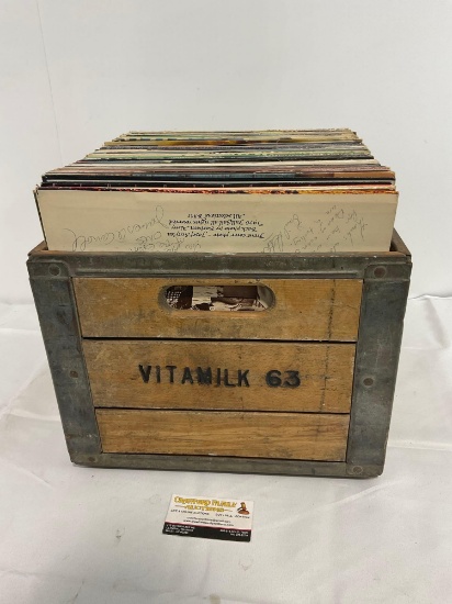 Vinyl Record Collection in Vintage Wood & Steel Milk Crate, two signed by artist, approx 50-75 pcs