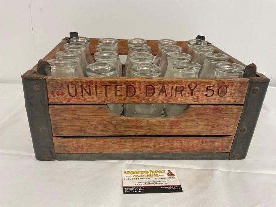 Vintage Lacquered Steel & Wood United Dairy 50 Milk Crate, 12 Milk Bottles, 1/2 Pint size