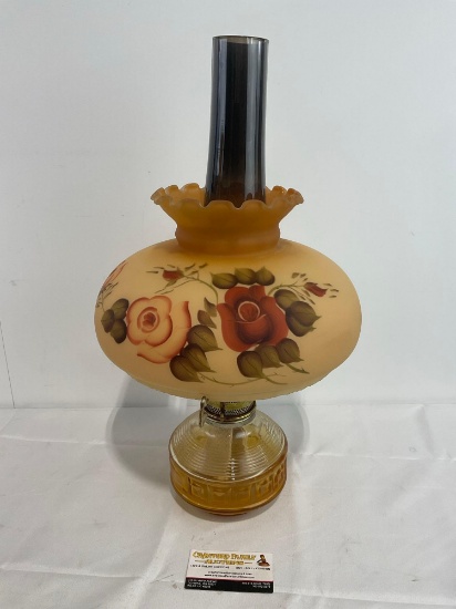 Vintage Hurricane Lamp, Glass Base, Rose patterned pale orange shade, 20.5h x 11.5d inches