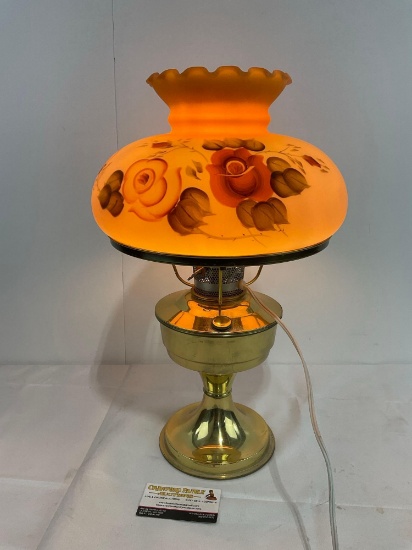 Vintage Electrified Hurricane Lamp, brass Base, Rose patterned pale orange shade, tested & working