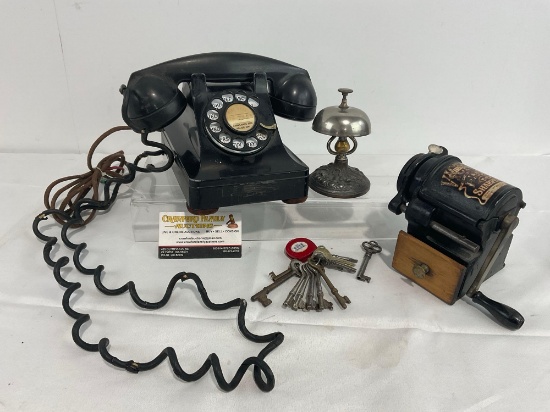 General Electric Phone, Set of Skeleton Keys, Old Timey Bell, Victor Crank Pencil Sharpener