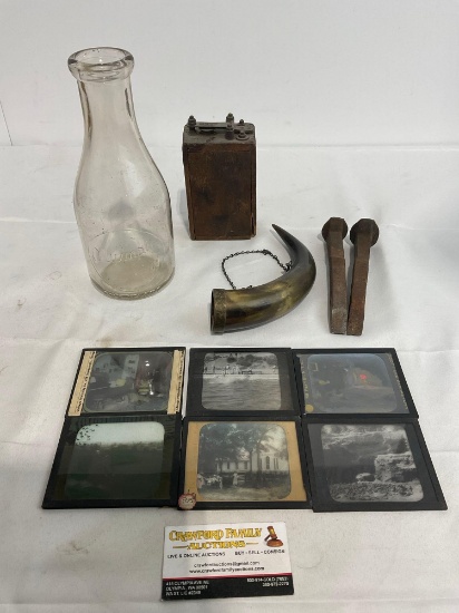 6 Antique Photos Glass, Milk Bottle, Powder Horn, Train Stakes & Antique Ford Model T Ignition Coil