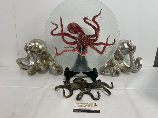 Octopus Collectibles, Lovely Fused Glass Plate, Metal piece & Pair of Bookends