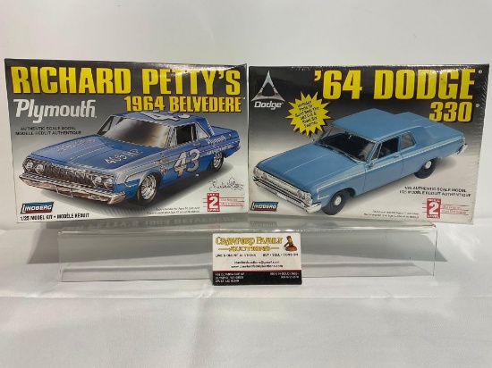 Pair of Sealed Model Car Kits, 1:25 Scale, Lindberg 1964 Richard Pettys Belvedere & 64 Dodge 330