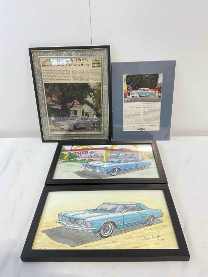 4 pcs Automative Art Assortment. 3x Framed, 1x Unframed. Ron Miller Painting. See pics.