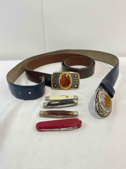 6 pcs Vintage Accessories. 2x Leather Belts w/ Agate Buckles & 4x Pocket Knives. See pics.