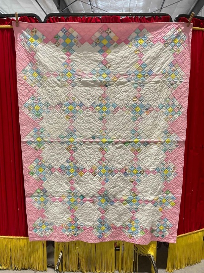 Vintage Sweet Pink Diamond Pattern Patchwork Quilted Blanket Measures 44" x 55" See pics.