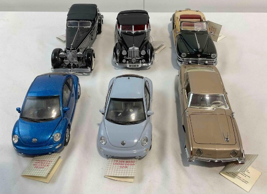 6 pcs Franklin Mint 1/24 Scale Model Cars, incl. 1947 Bentley & Ltd. Ed. VW Beetle. See pics.