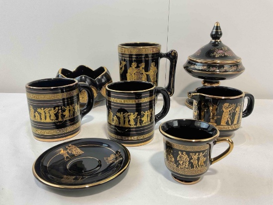 8 pcs Vintage Hand Painted Greek Black & 24k Gold Ceramic Dish Assortment. See pics.