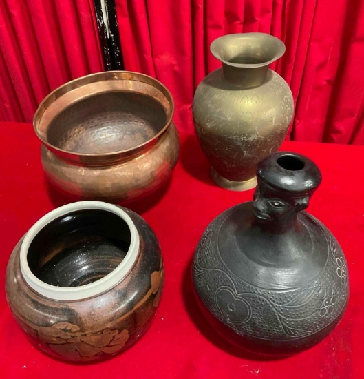 4 pcs Vintage Decor Assortment. Peruvian? Pot, Copper Pot, Brass Vase & More! See pics.
