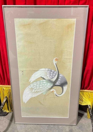 Vintage Framed Asian Style Painting of Cranes. Excellent Condition. Measures 19" x 34" See pics.