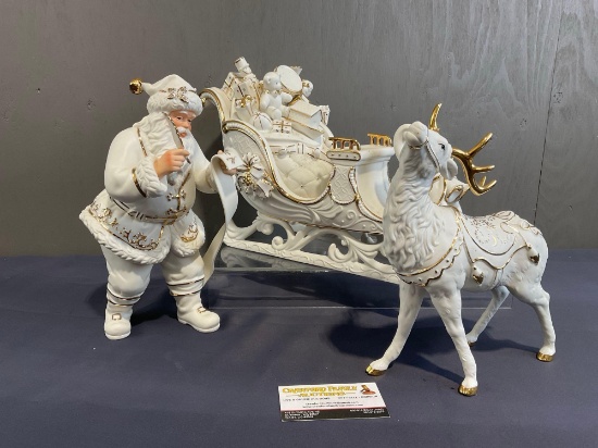 White & Gold Trimmed Ceramic Christmas Decor, Santa, Sleigh & 1 Reindeer