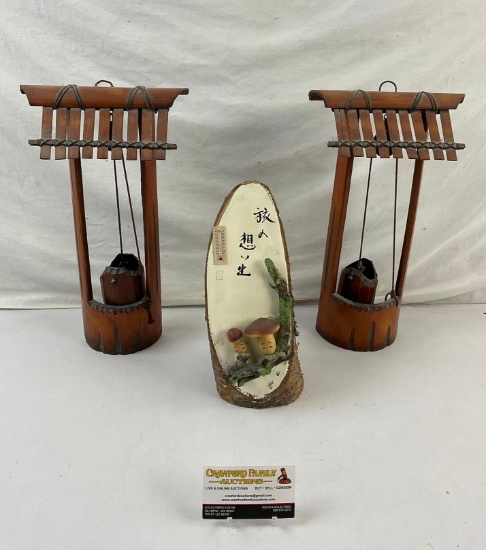 3 pcs Vintage Japanese Wooden Art Assortment. 2 Bamboo Well Statuettes, 1 Thermometer. See pics.