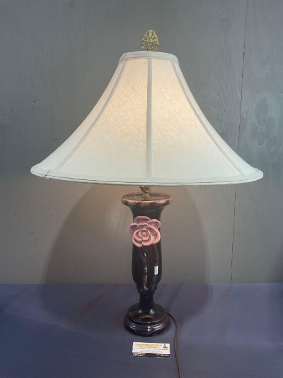Vintage Lamp w/ Pottery Base, multicolor w/ Pink Flower, 29 inches tall, tested & working