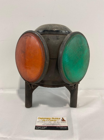Antique Adlake Non-Sweating Four-Way Signal/Switch Railroad Lantern, Orange/Green, 11 x 8 x 8 inc...
