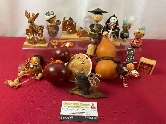 13 Japanese Carved Wooden Dioramas, Drinking Gourds, Bobbleheads, & more