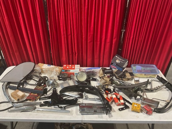Assortment of 1940 Ford De Luxe Parts & Motorcycle Parts, variety of powder coated metal parts