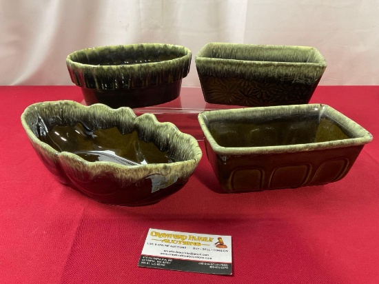 4 Pieces of Green Drip Vintage Hull Pottery, 2 rectangular F17 & F469, 2 oblong F77 & I-21