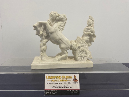 Vintage Stone Chariot & Horse Statue, approx 6.5h x 3.5w x 7d inches