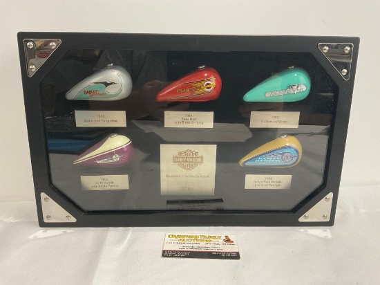 2005 Harley Davidson Shadowbox, 5 mini gas tanks, 10 x 16 x 4 inches, wall hanging