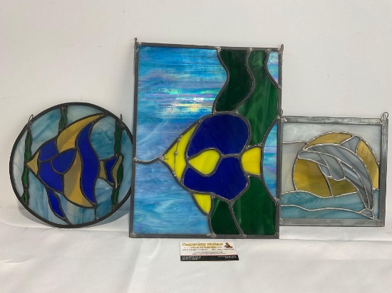 Trio of Stained Glass Panels, Angelfish, Dolphin & Blue Tang, largest is 14h x 11w x 1.5d inches