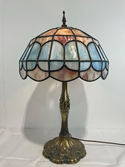 Tiffany-Style Stained Slag Glass Table Lamp, double light, tested & working, 27 inches tall