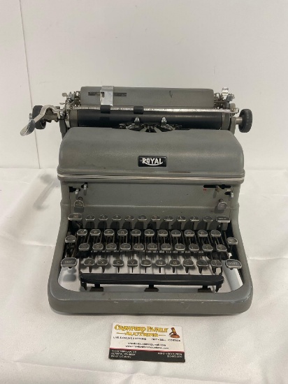 Vintage 1950 Royal KMG model Grey Typewriter, approx 9h x 16w x 16.5d inches