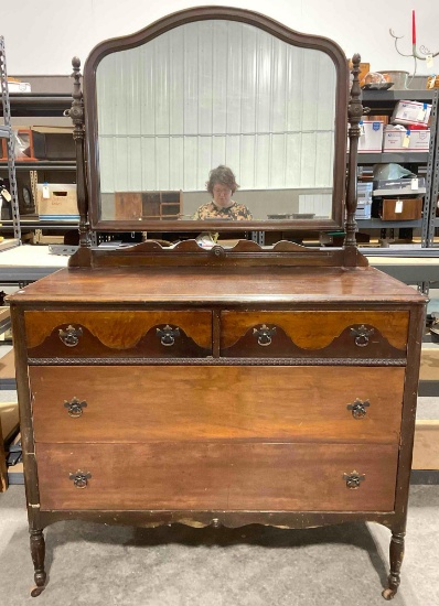 Antique Handsome Walnut Wooden 4-Drawer Dresser w/ Mirror & Carved Details. See pics.