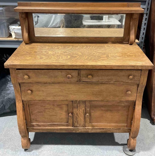 Vintage Tiger Oak Wooden Sideboard w/ Mirrored Backsplash. Very Good Condition. See pics.