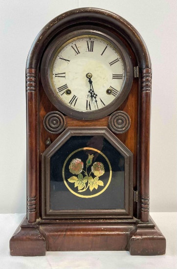 Beautiful Antique Mahogany? Mantel Clock w/ Painted Roses. Very Good Condition. See pics.