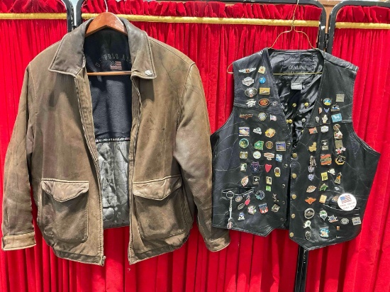 2 pcs Vintage Men's Leather Clothing. U.S. Polo Jacket, Italian Stone Vest w/ Pins. See pics.