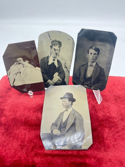 4 x antique Mid 1800's Tin type photos , two men, a baby and a woman see pics