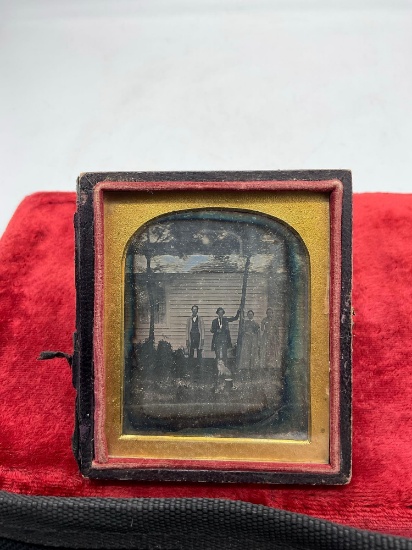 Antique Circa Mid 1800's daguerreotype Family Photo 2 men , 2 women and the family pet