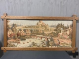 Framed Large Tapestry, Medieval Village River Scene, 33h x 64.5w inches, wooden frame