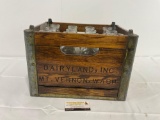 Lacquered Wood & Steel Milk Bottle Crate w/ 12 Glass Milk Bottles, 10h x 16.5w x 12.5d inches