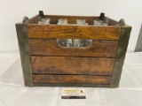 Lacquered Wood & Steel Milk Bottle Crate w/ 12 Glass Milk Bottles, 10h x 16.5w x 12.5d inches