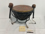 Vintage Indian Nagara Drum, Stretched Painted Skin, w/ pair of mallets, 12h x 16.5w x 14d inches