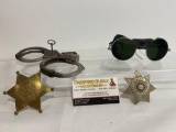 Pair of The Peerless Handcuffs, Green Glass Safety Glasses, Faux Sheriff Badge, & Security Badge