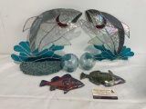 Pair of Stained Glass Fish, 1 missing base, Glazed Pottery Fish Wall Hangings, Glass Fishing Floats