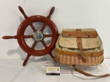 Wooden Ships Wheel, six spokes w/ steel & brass hub & Fishing Creel Basket, broken strap