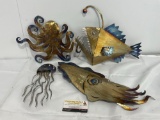 4 Sheet Metal Ocean Animals, Octopus, Anglerfish, Jellyfish & Cuttlefish, colorfully anodized