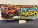 Pair of Model Car Kits, 1:25 Scale, MPC Monster Truck, Dodge Pickup & Auto Scape Barracuda